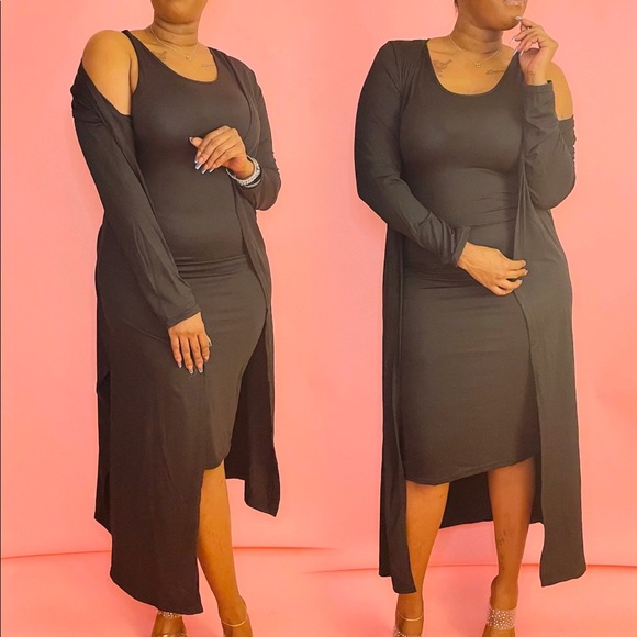 NEW TRENDY SOLID BLACK TWO PIECE TANK TOP MIDI DRESS LONG CARDIGAN SET - Picture 2 of 2
